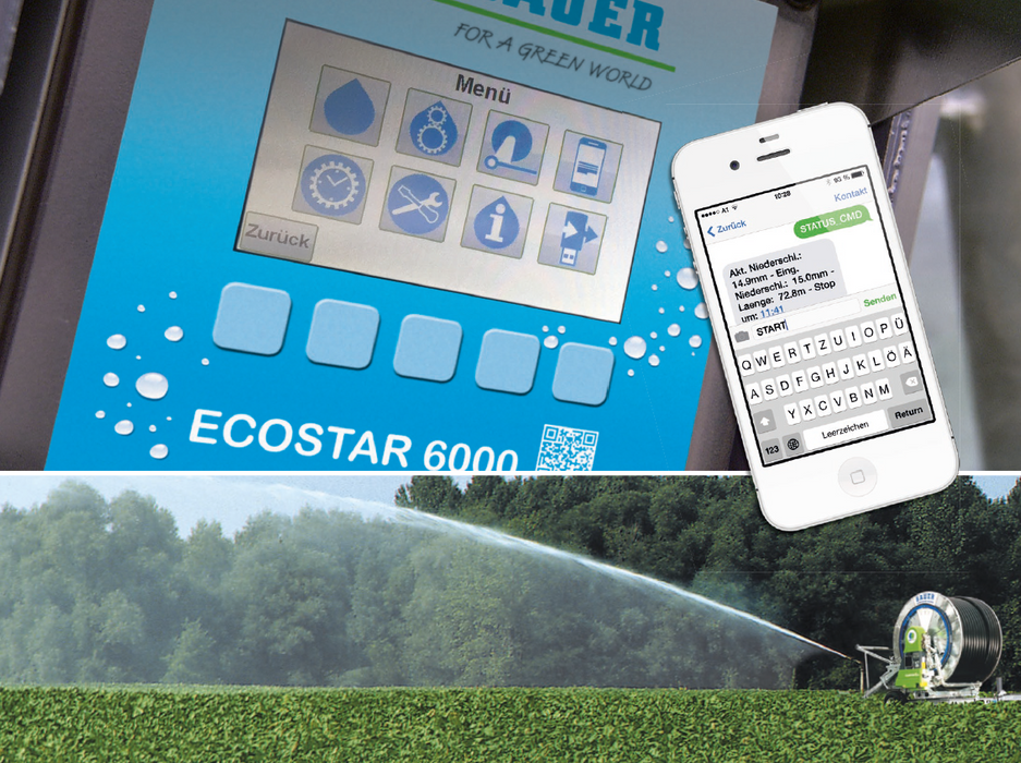 ECOSTAR 6000 Nachrüstsatz für RAINSTAR T/E, Europa Ausführung im Einsatz untere hälfte der Abbildung. obere hälfte zeigt ECOSTAR 6000 Einstellungen und ein Handy mit Whatsapp text über die Details des ECOSTAR 6000