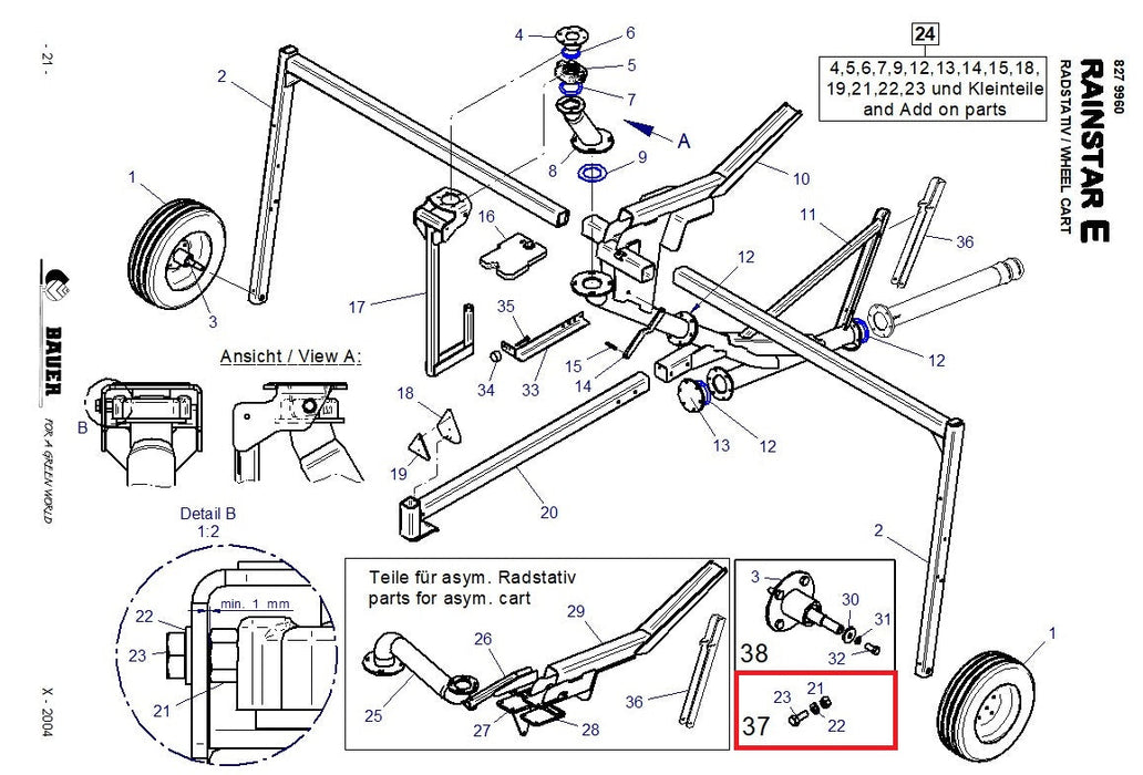 Rep.Set Pendellagerung zu Radstativ für RAINSTAR E11, E21, E31, E41, E51, E51XL, E55, E55L, E55XL, T32, T42, T51 und PRORAIN Technische Zeichnung