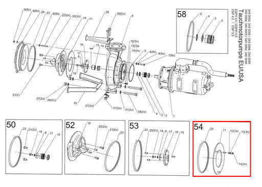Rep.Set Verschleißscheibe 50, Tauchmotorpumpe CSP 50 Hz technische zeichnung mit markierung der einzelteile