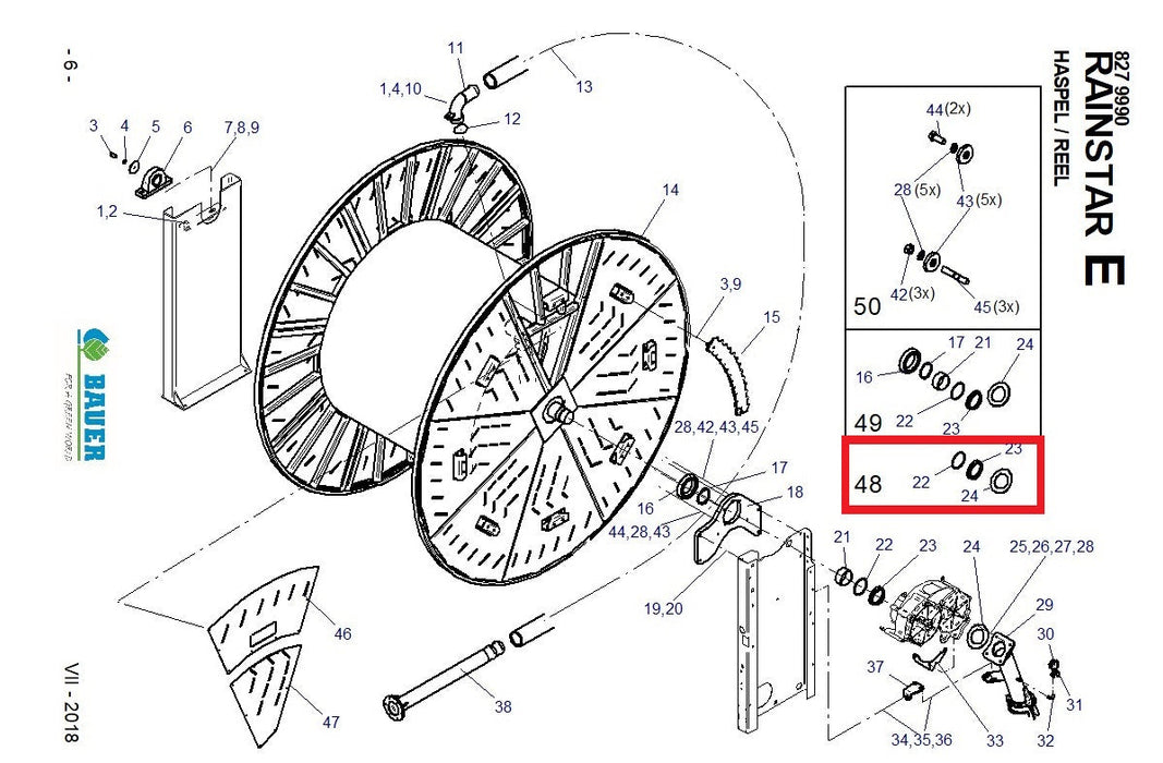 Rep.Set Dichtungen zu Haspel für RAINSTAR E11, E21, E31, E41, E51, E51XL, E55, E55L, E55XL und PRORAIN Technische Zeichnung