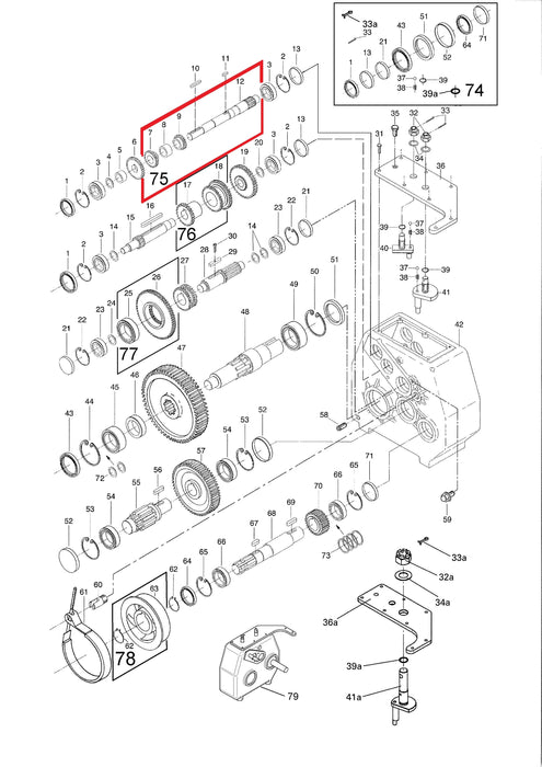 Rep.Set Eingangswelle mit Zahnräder zu Getriebe G4 für RAINSTAR E11, E21, E31, E41, E51, E51XL, E55, E55L und E55XL Technische Zeichnung