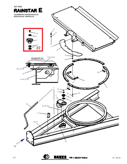 Rep.Set Zahnrad Schwenkhilfe für RAINSTAR E11, E21, E31, E41, E51, E51XL, E55, E55L und E55XL Technische Zeichnung