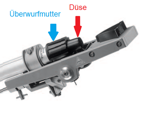 Überwurfmutter für Komet Regner SR 101 (alte Ausführung) Produktabbildung mit Markierung für Überwurfmutter und Düse